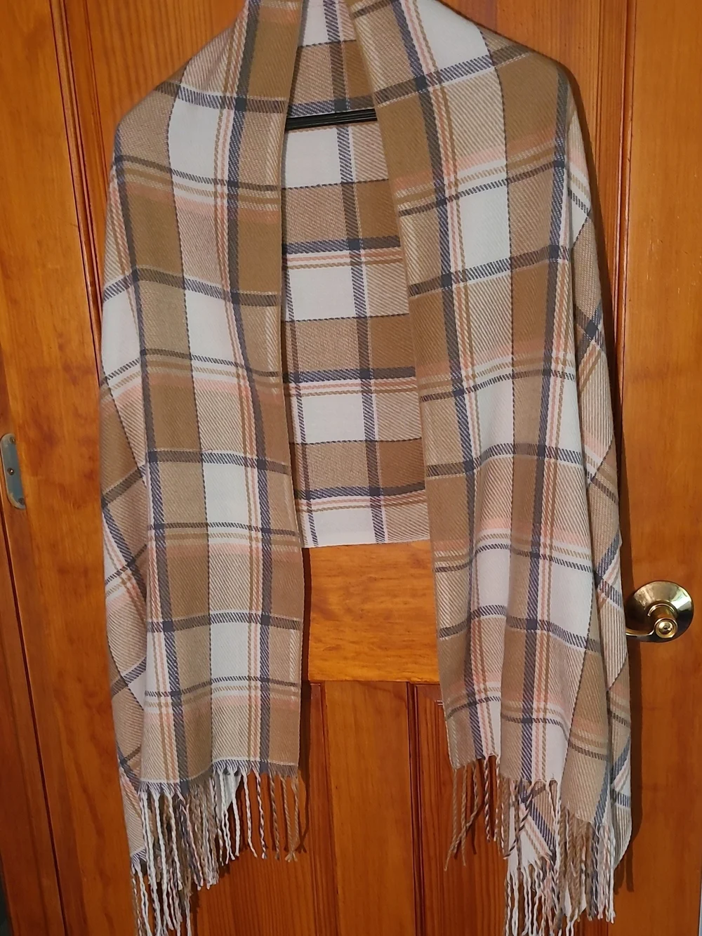 Plaid Fringe Wrap Scarf in Camel and Cream NWOT